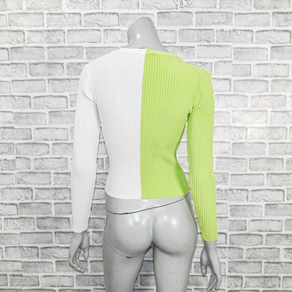 STAUD Women's Cargo Sweater Ribbed cardigan lime white colorblock - Picture 3 of 7